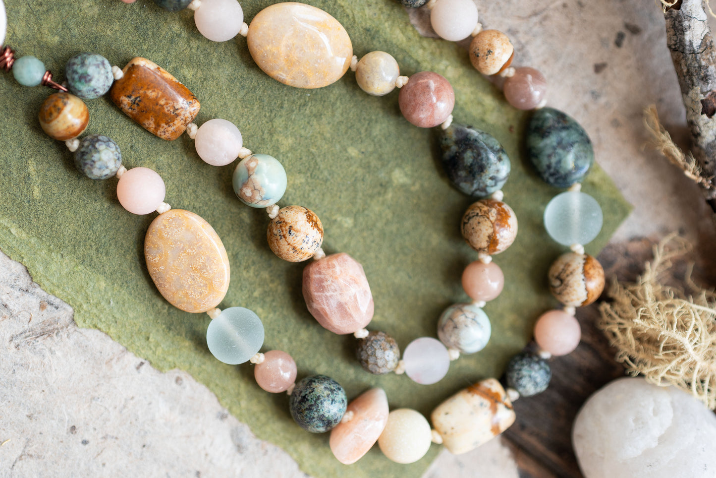 Beach Seashell Knotted Cord Amazonite Sunstone Gemstone Necklace