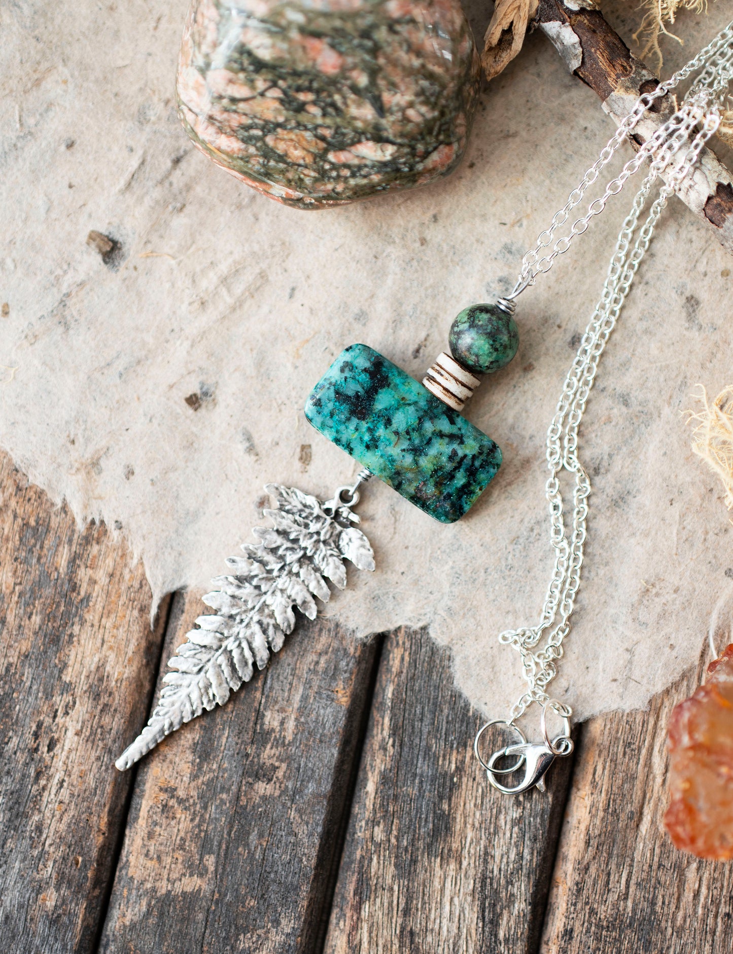 African Turquoise Silver Fern Pendant Necklace