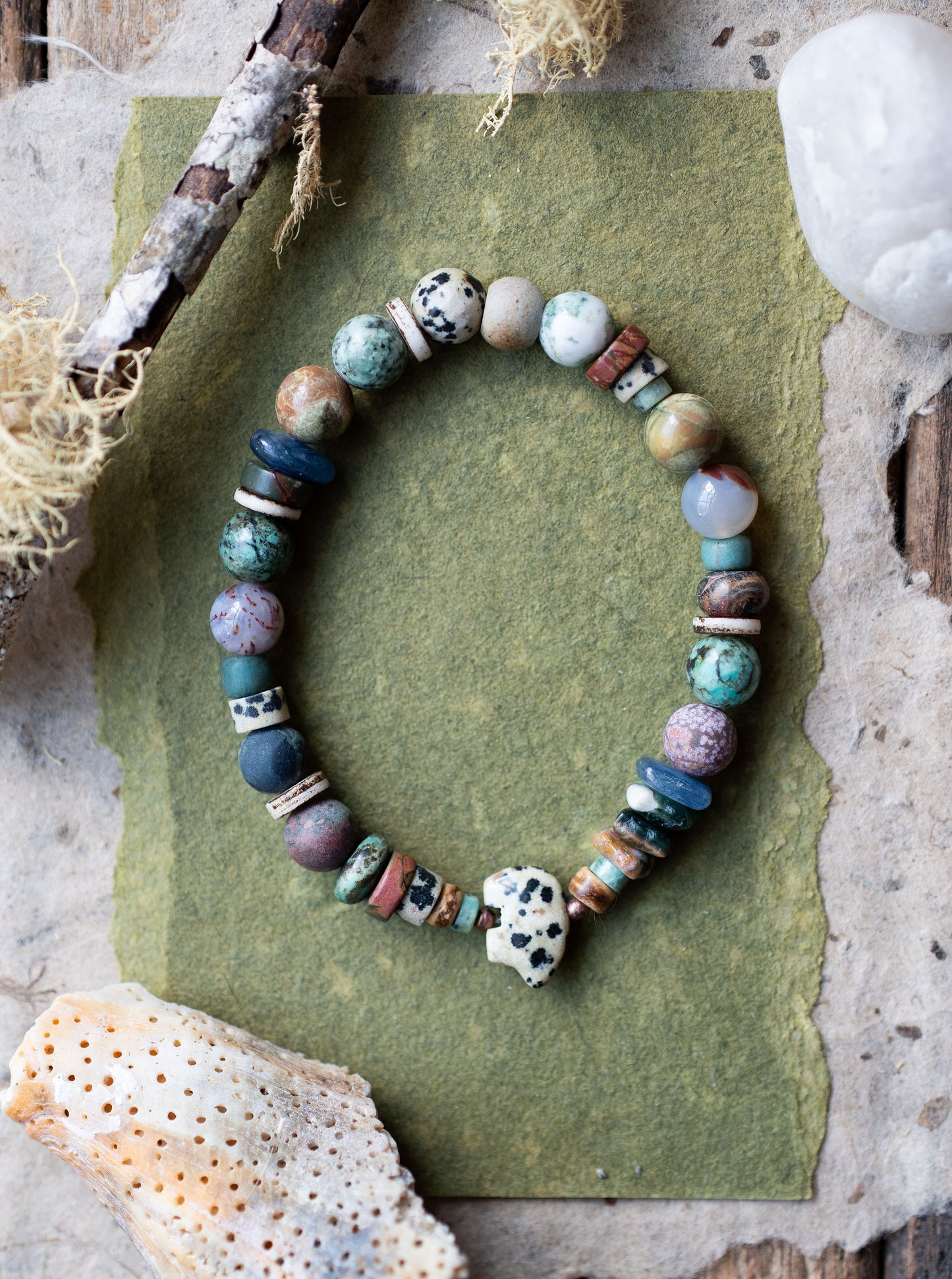 Dalmatian Jasper Zuni Bear Colorful Earthy Gemstone Stretch Bracelet