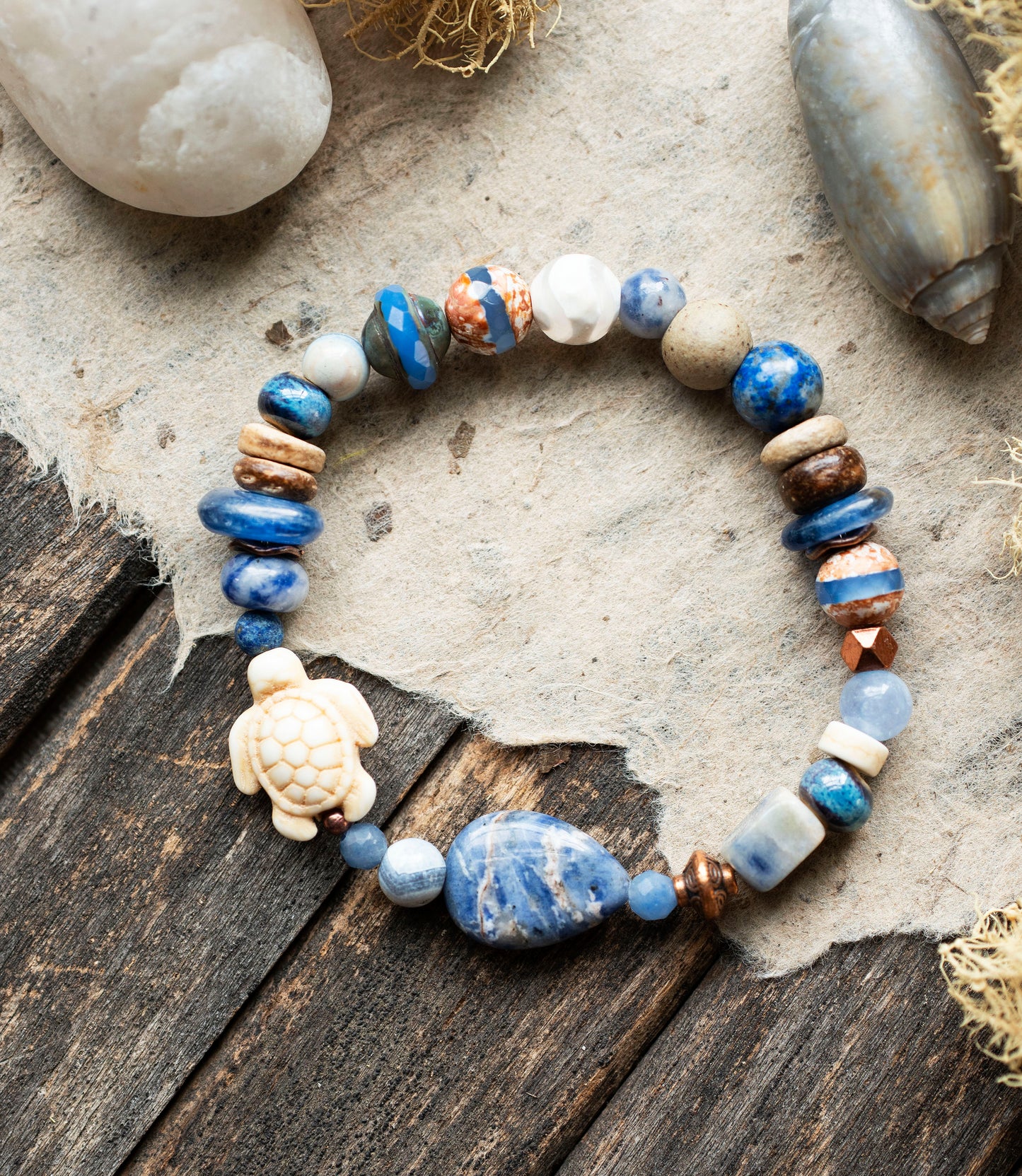 Sea Turtle Sodalite Blue Kyanite Gemstone Stretch Bracelet