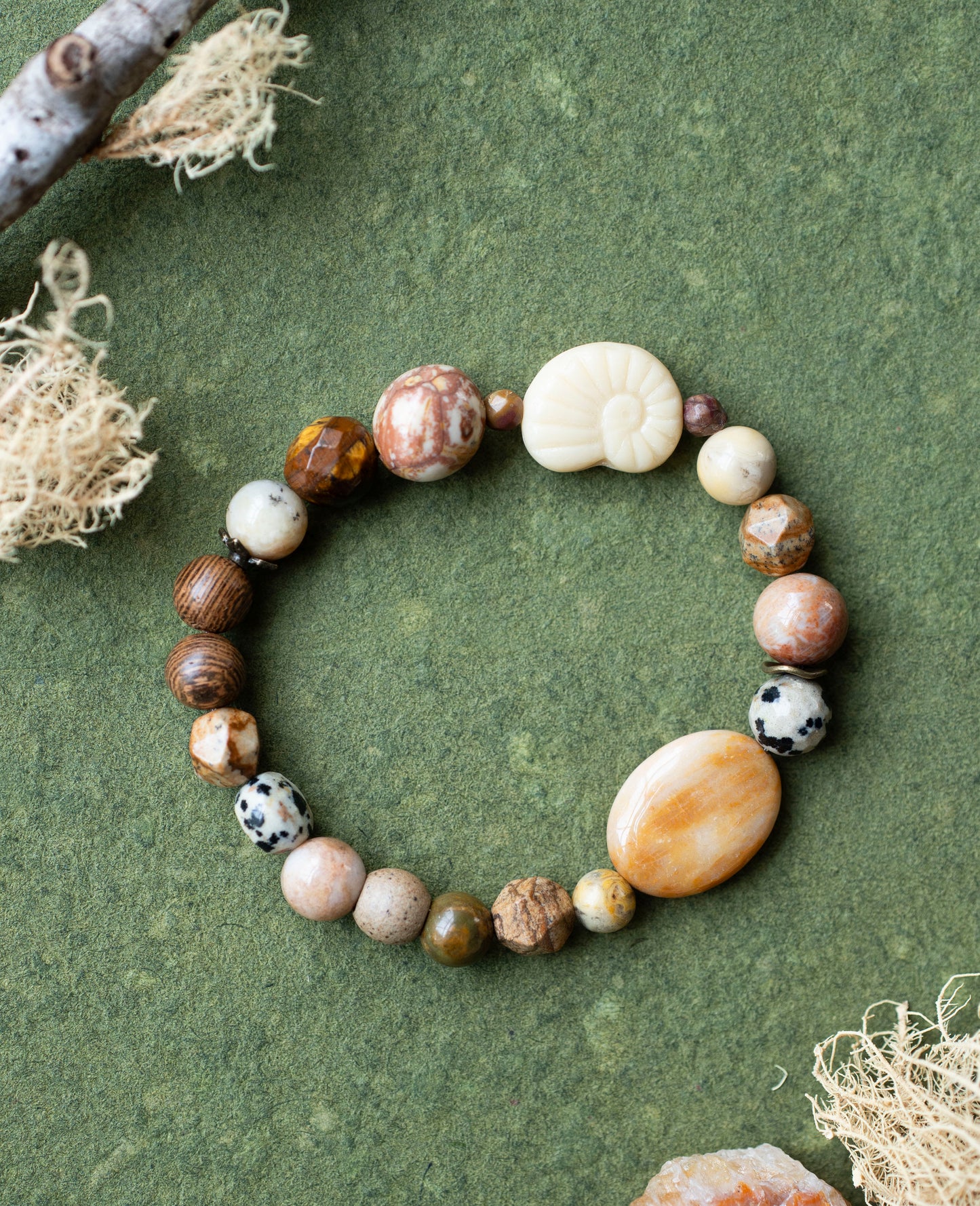White Shell Fossil Coral Gemstone Wooden Jasper Stretch Bracelet