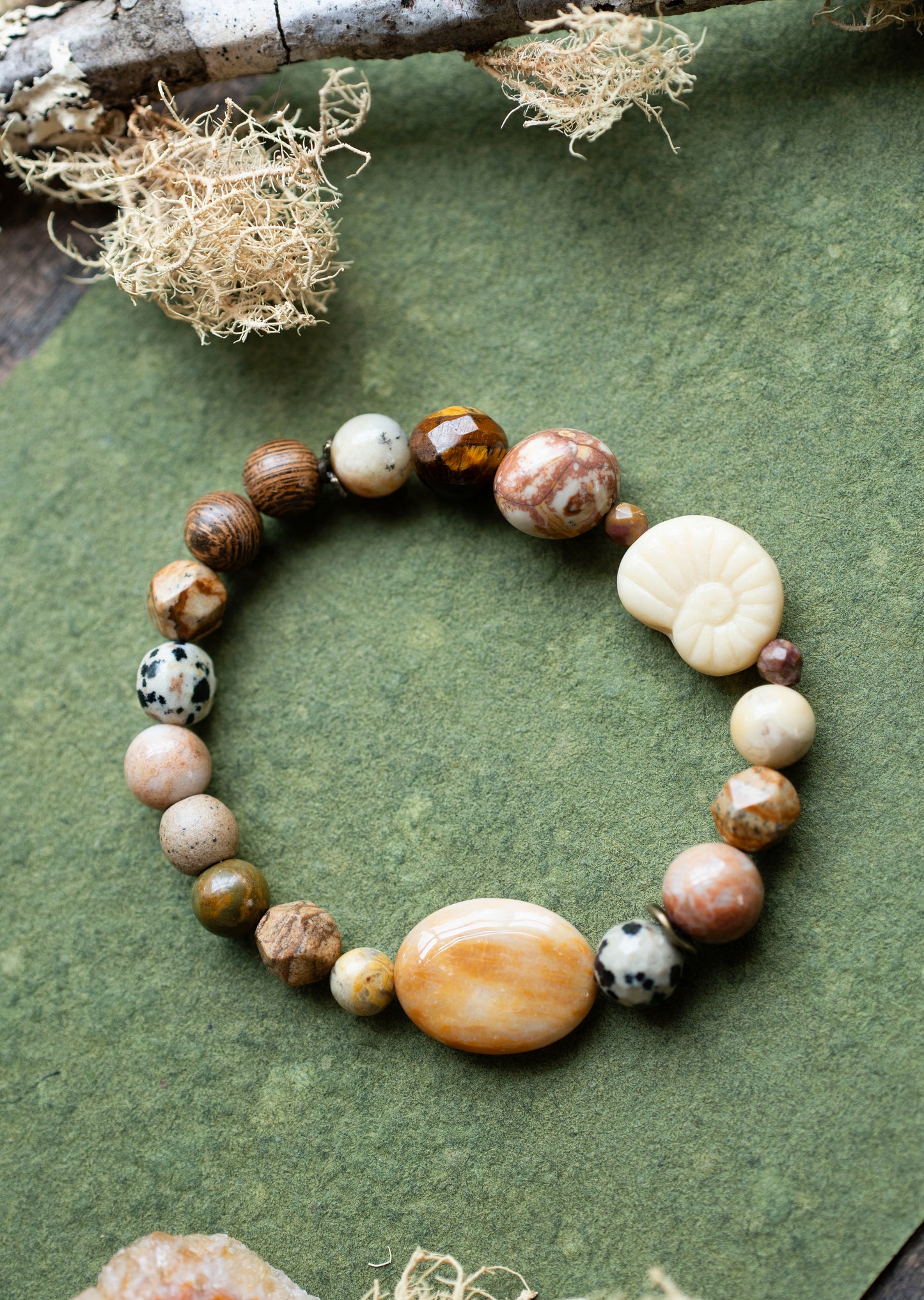 White Shell Fossil Coral Gemstone Wooden Jasper Stretch Bracelet