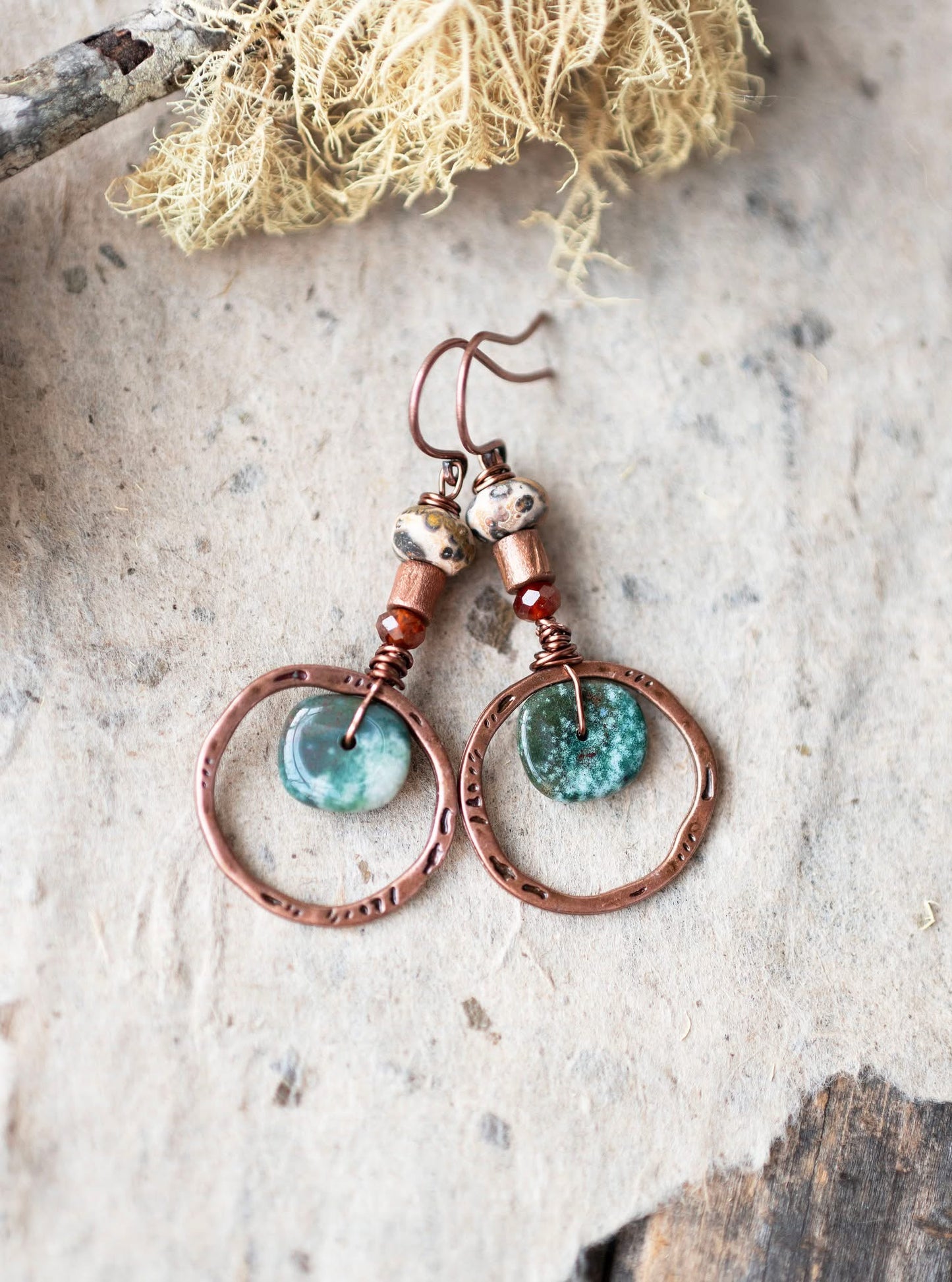 Green Gemstone Copper Circle Earrings