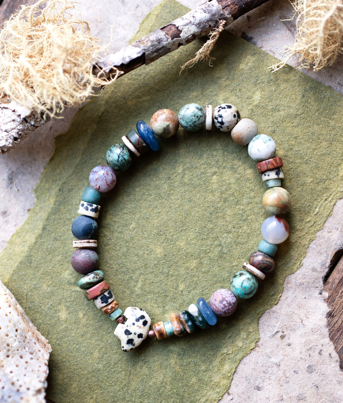 Dalmatian Jasper Zuni Bear Colorful Earthy Gemstone Stretch Bracelet