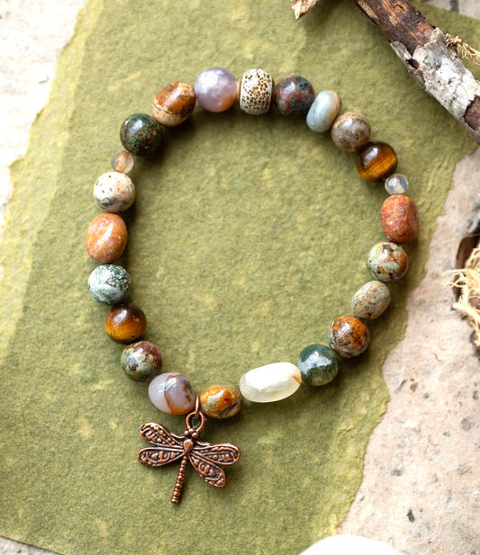 Dragonfly Rustic Gemstone Ocean Jasper Agate Stretch Bracelet