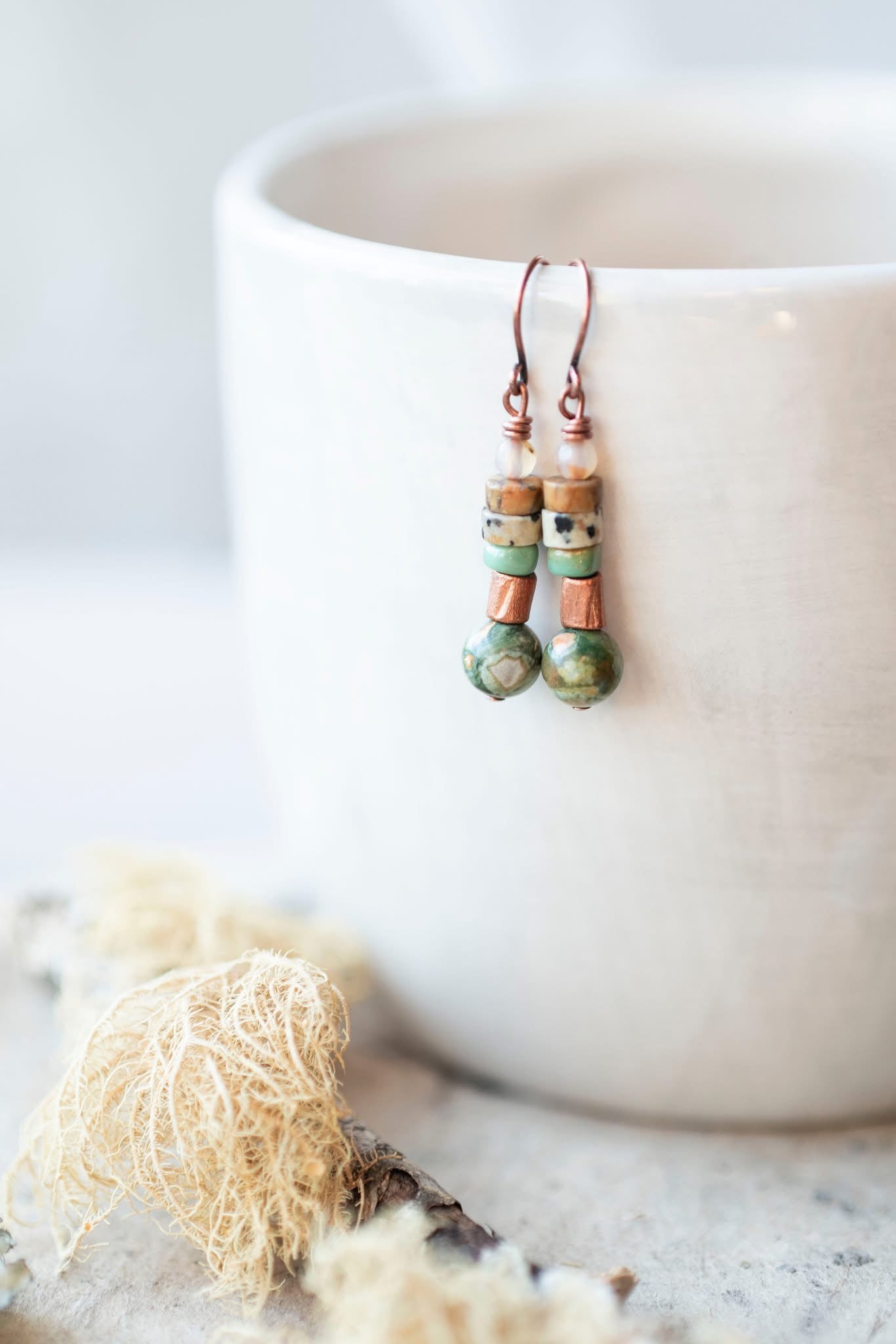 Green Rhyolite Copper Stacked Earrings