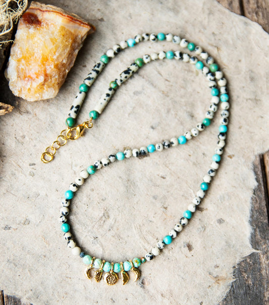 Gold Moon Phase Necklace with Turquoise