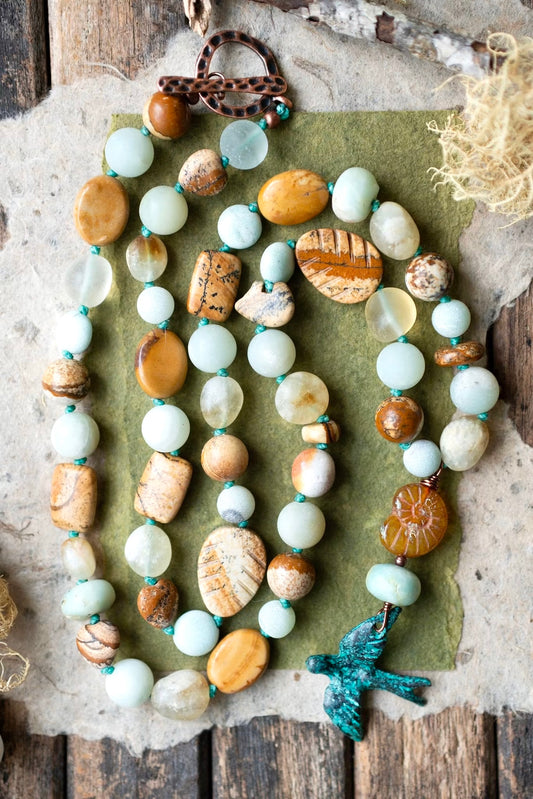 Bird Knotted Cord Beach Inspired Gemstone Necklace