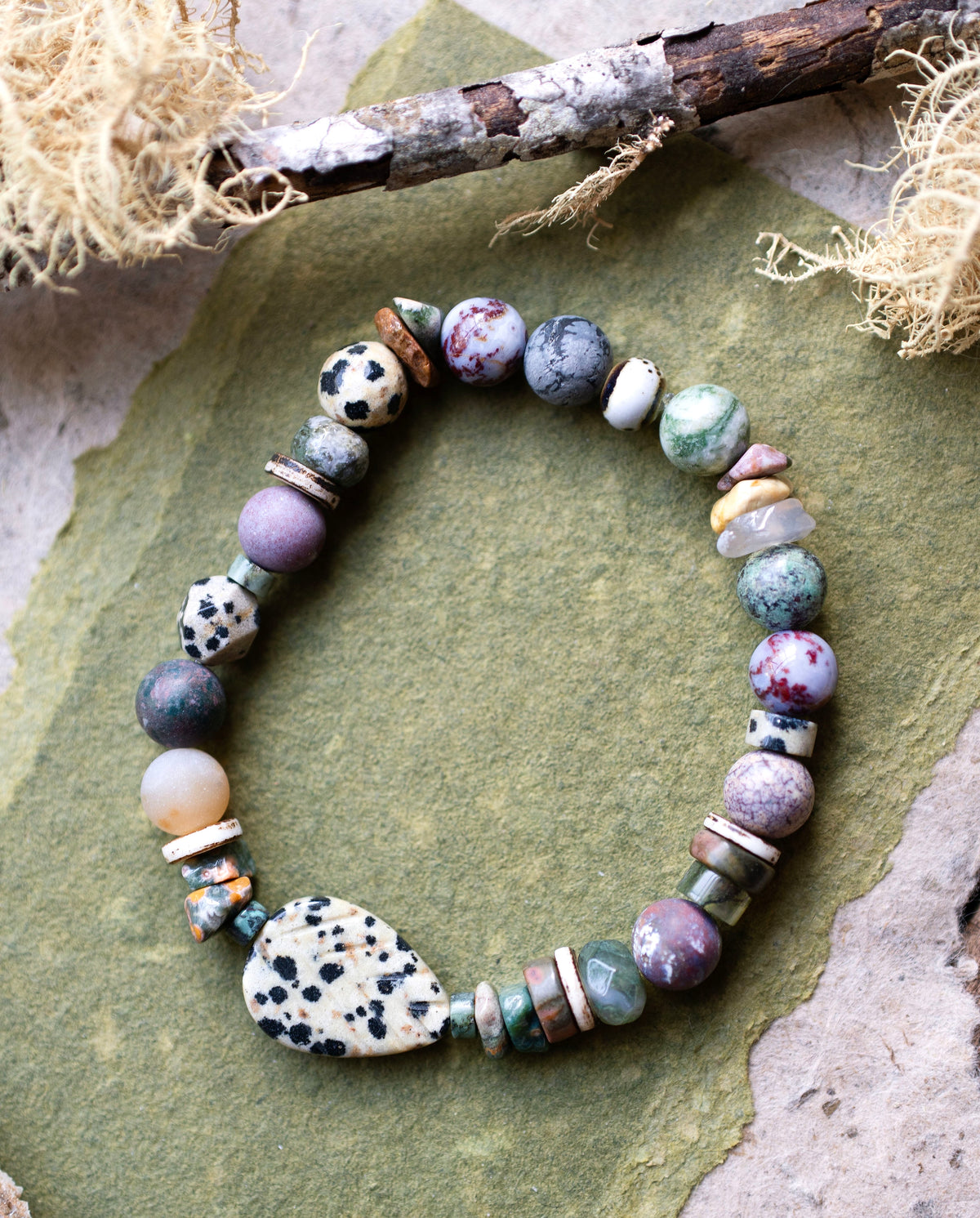 Dalmatian Jasper Leaf Ocean Jasper Gemstone Stretch Bracelet