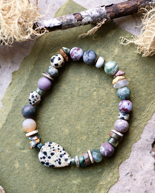 Dalmatian Jasper Leaf Ocean Jasper Gemstone Stretch Bracelet