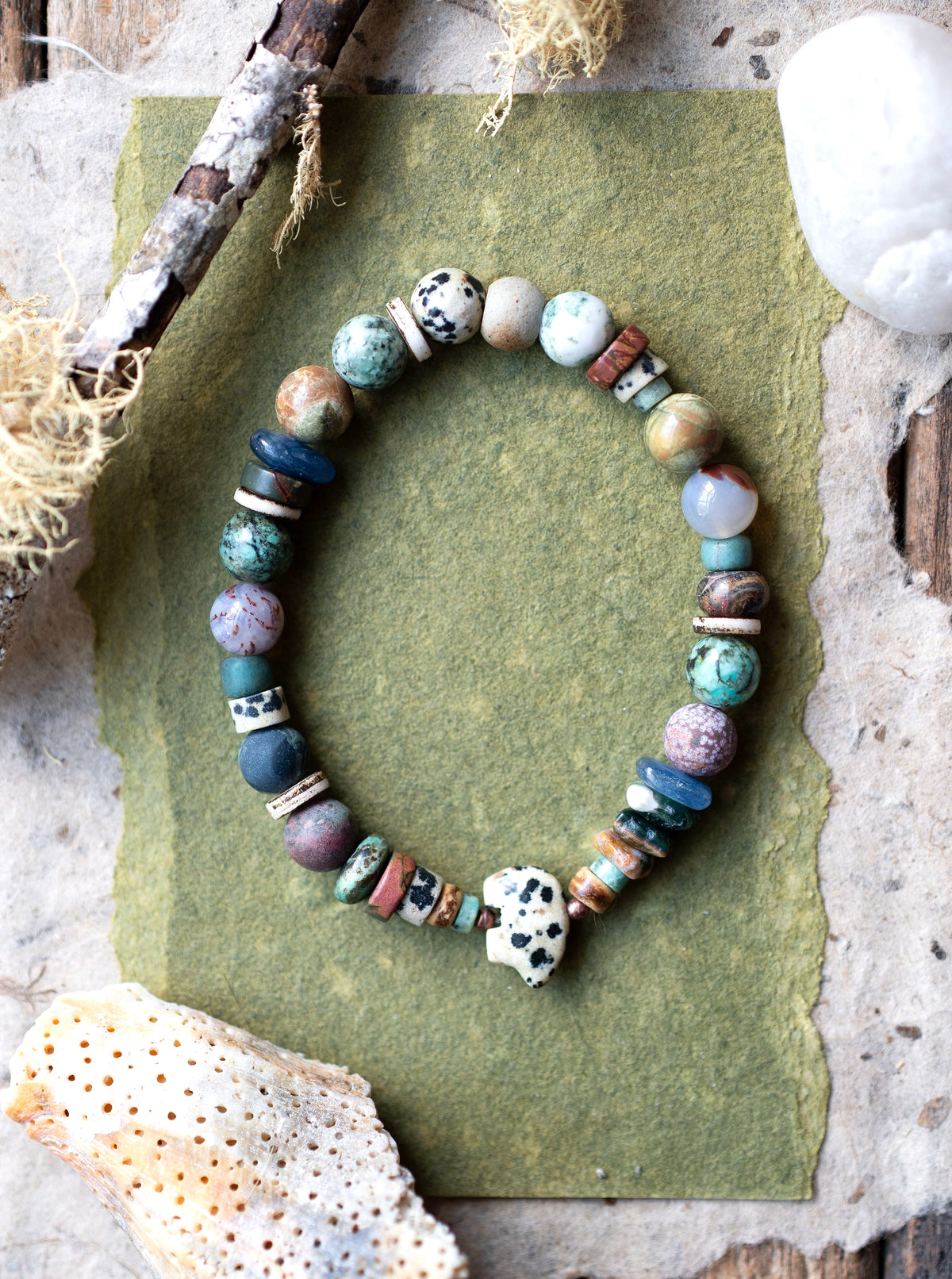 Dalmatian Jasper Zuni Bear Colorful Earthy Gemstone Stretch Bracelet