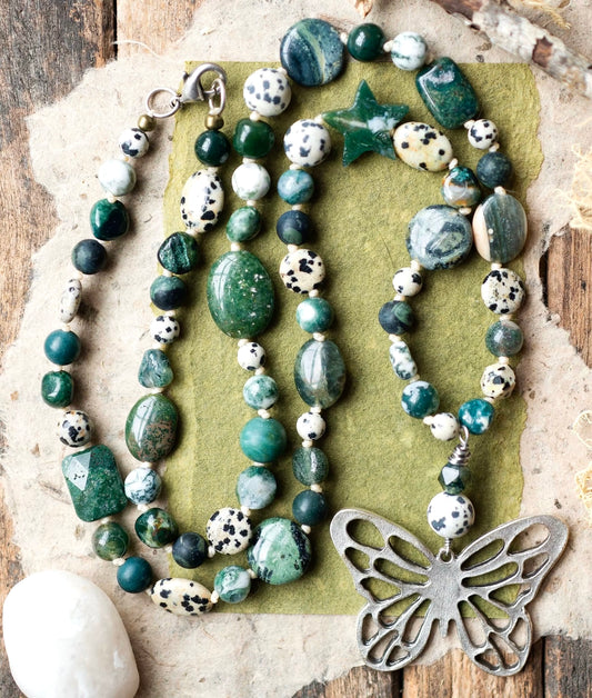Butterfly Moss Agate Green Gemstone Necklace