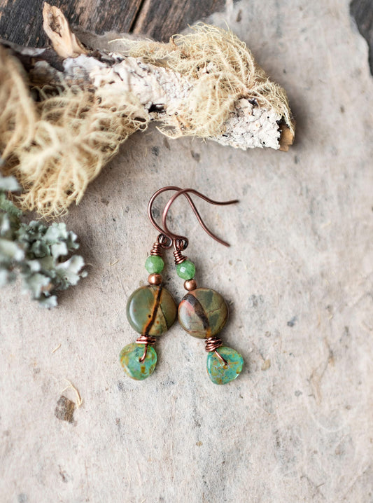 Creek Jasper and Green Disc Copper Earrings