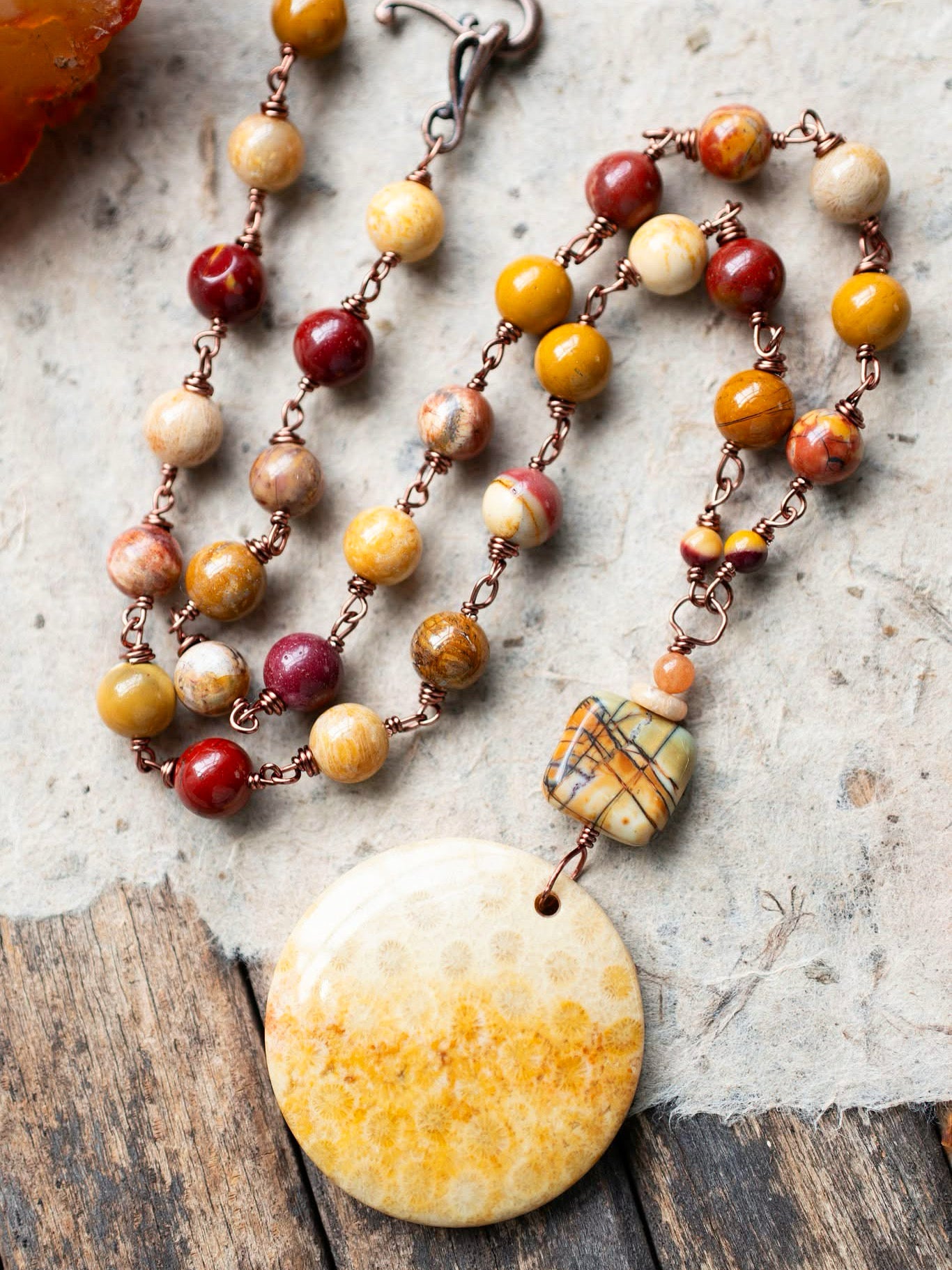 Autumn Coral Fossil Gemstone Pendant Necklace