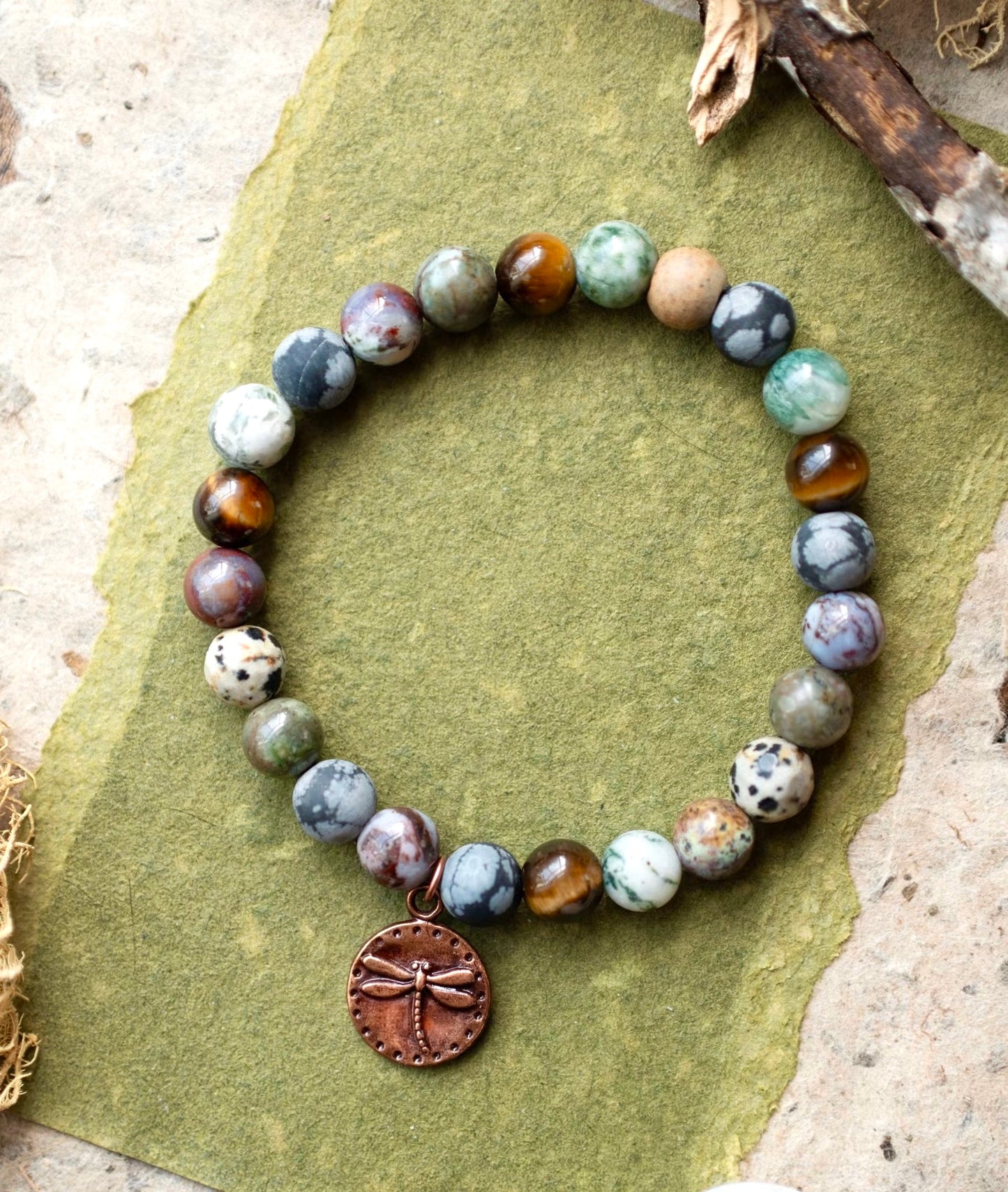Dragonfly Gemstone Agate Tigers Eye Stretch Bracelet