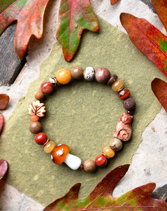 Fall Mushroom Maple Leaf Cat Bracelet