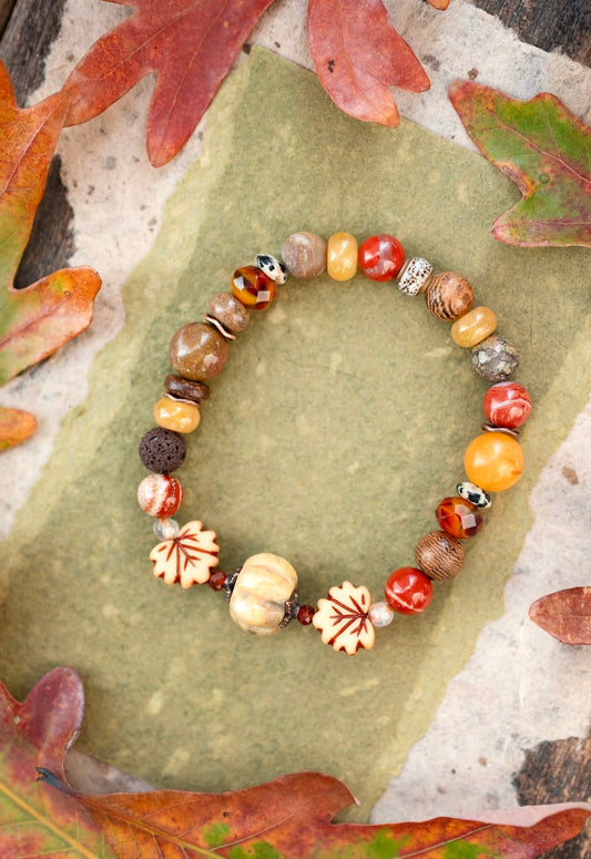 Pumpkin Fall Leaf Agate Gemstone Stretch Bracelet