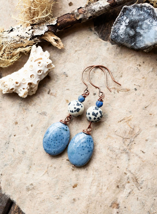 Blue Coral Dalmatian Jasper Ocean Inspired Earrings