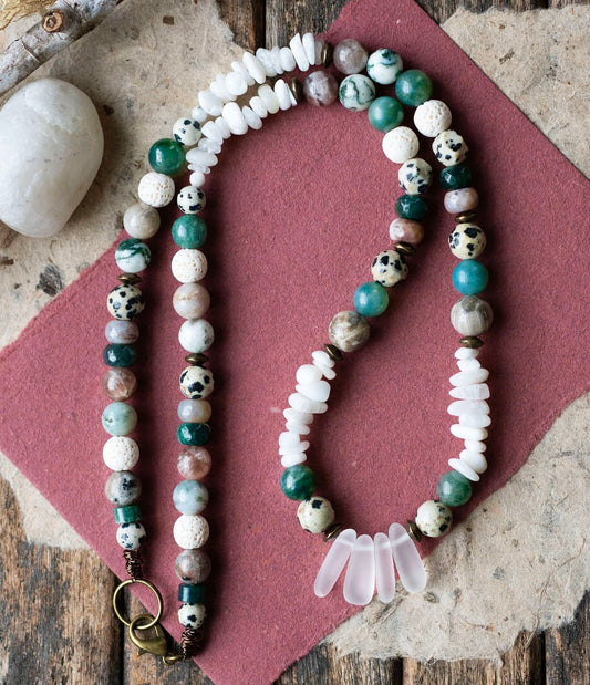Sea Glass Moss Agate Earthy Moonstone Beaded Necklace