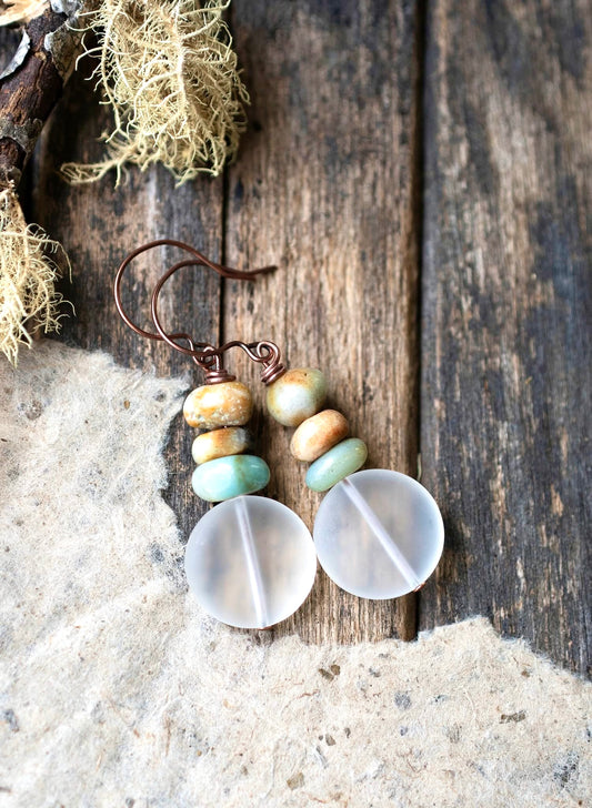 Amazonite Sea Glass Rustic Boho Earrings