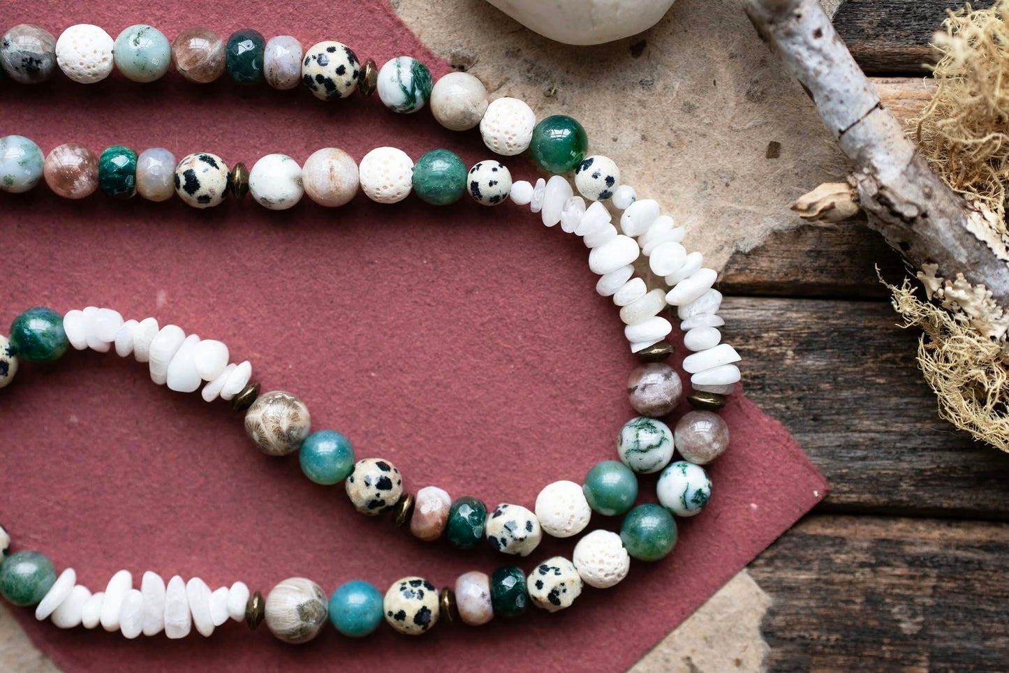 Sea Glass Moss Agate Earthy Moonstone Beaded Necklace