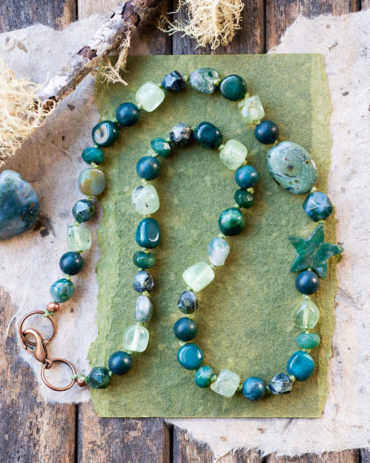 Green Moss Agate Springtime Knotted Cord Necklace