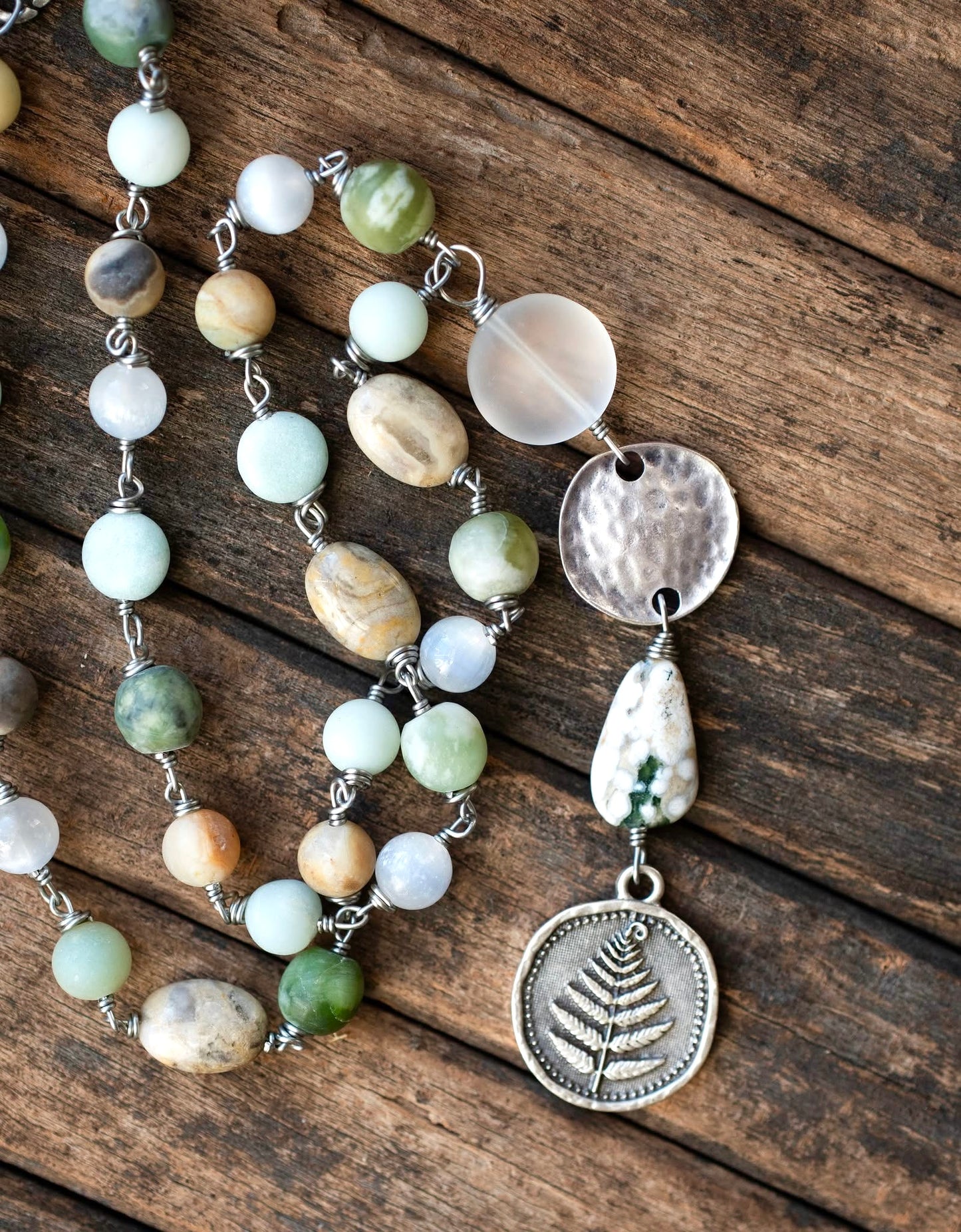 Nature Amulet Fern Leaf Flower Jasper Antique Silver Necklace