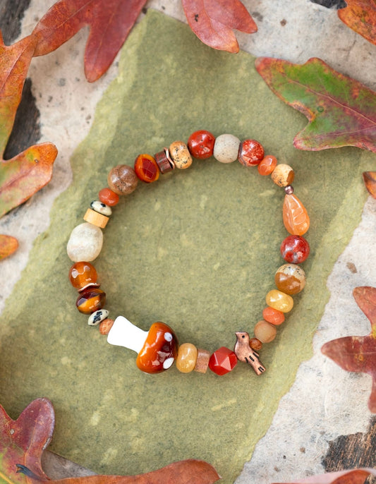 Mushroom Autumn Gemstone Nature Stretch Bracelet