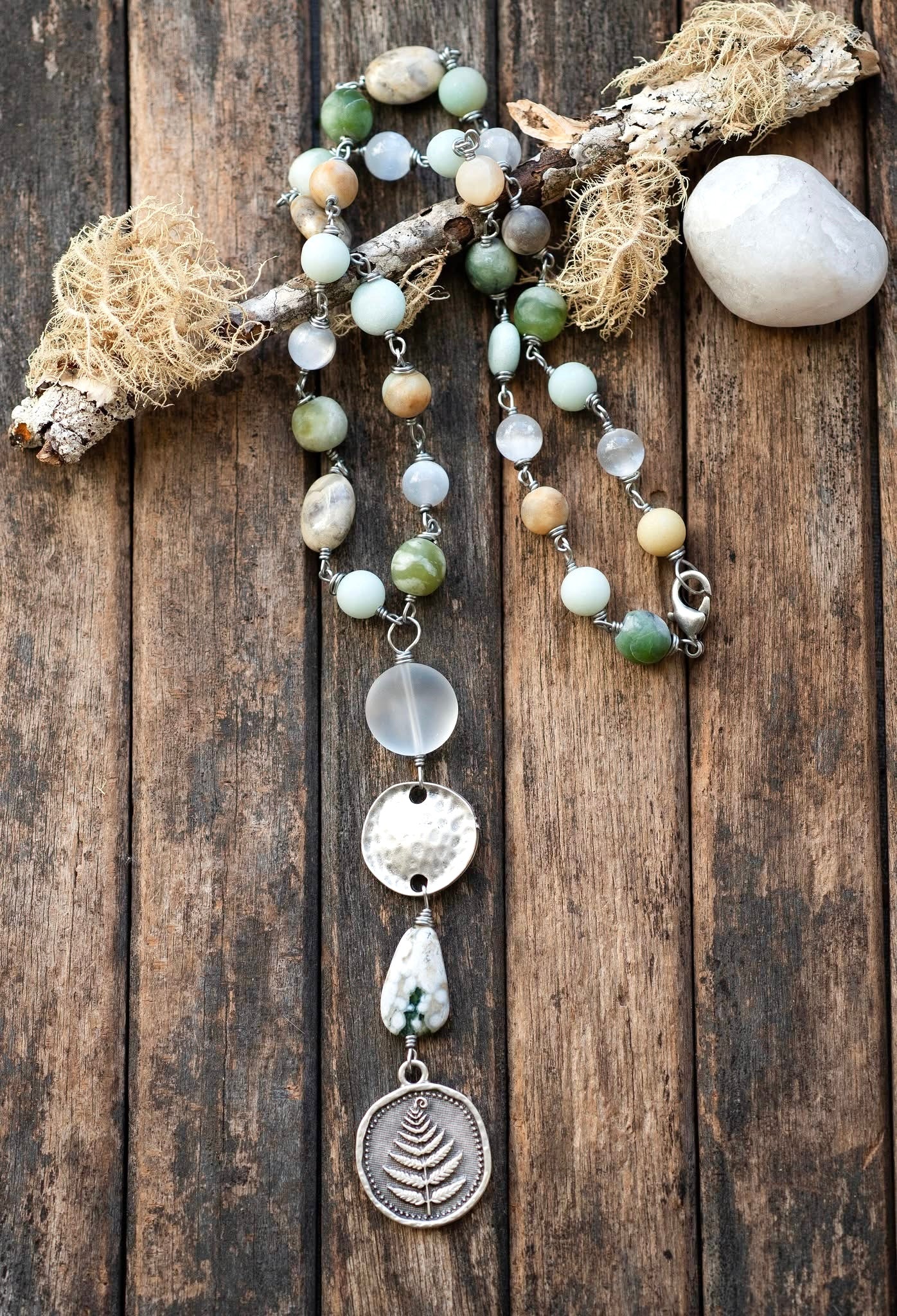 Nature Amulet Fern Leaf Flower Jasper Antique Silver Necklace