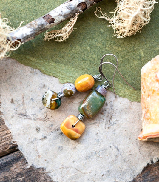 Colorful Boho Ocean Jasper Sunset Asymmetrical Earrings
