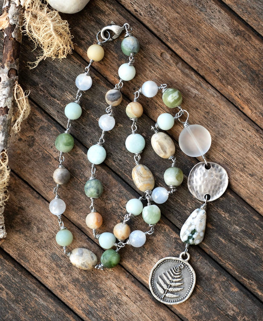 Nature Amulet Fern Leaf Flower Jasper Antique Silver Necklace