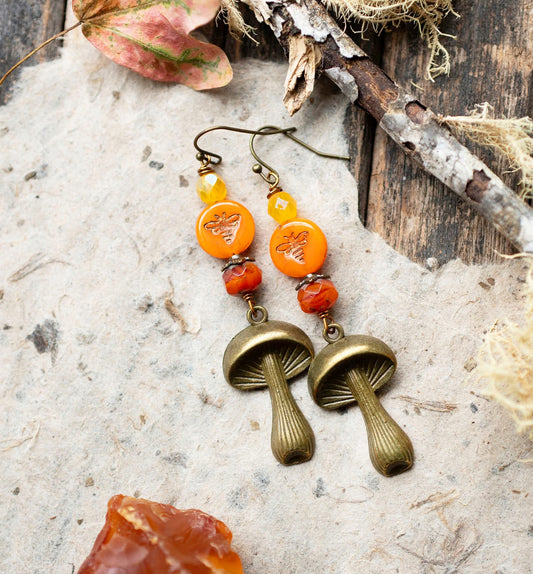 Autumn Mushroom Earrings Orange Bee Earrings Fall Colors