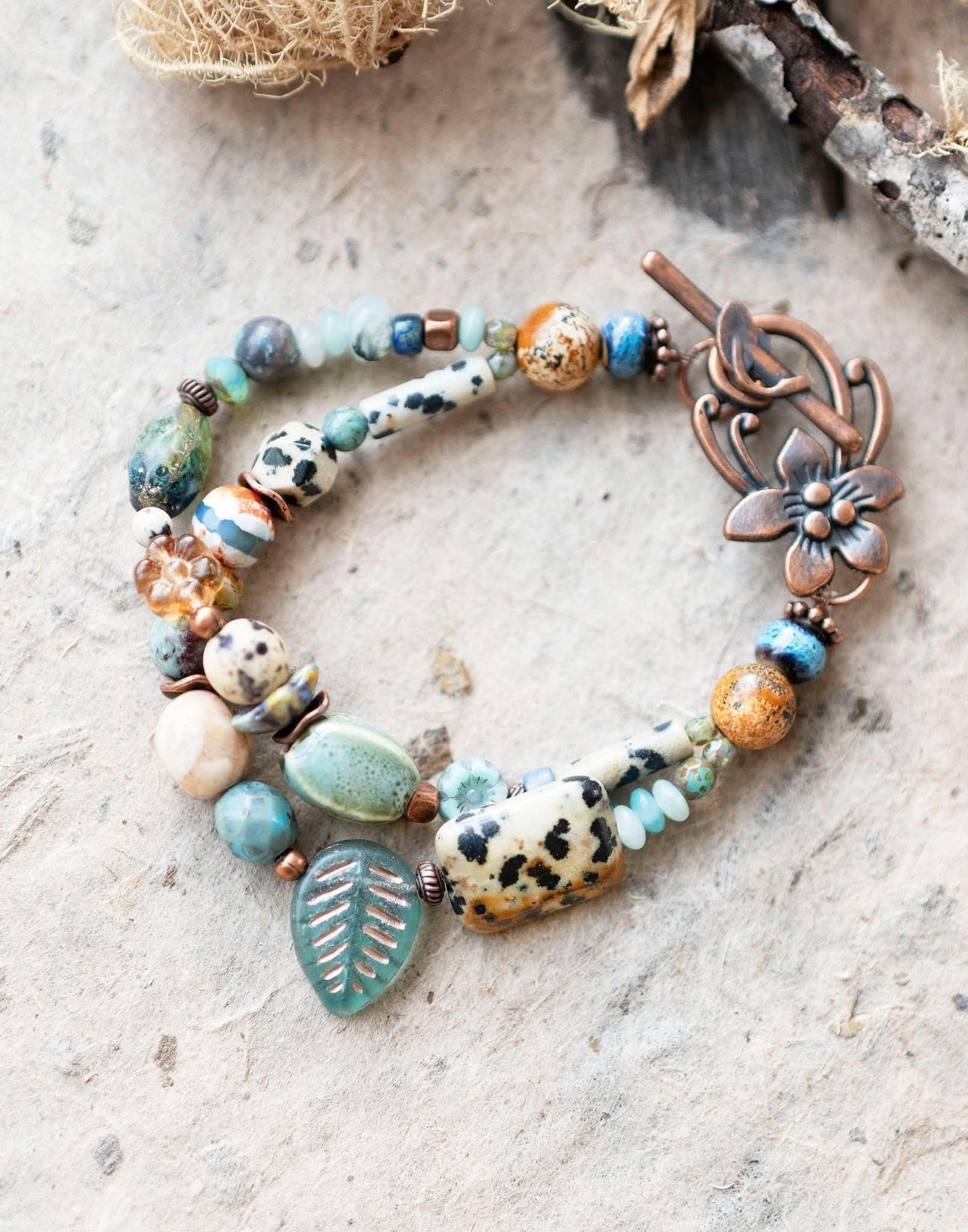 Blue and Copper Double Strand Boho Bracelet