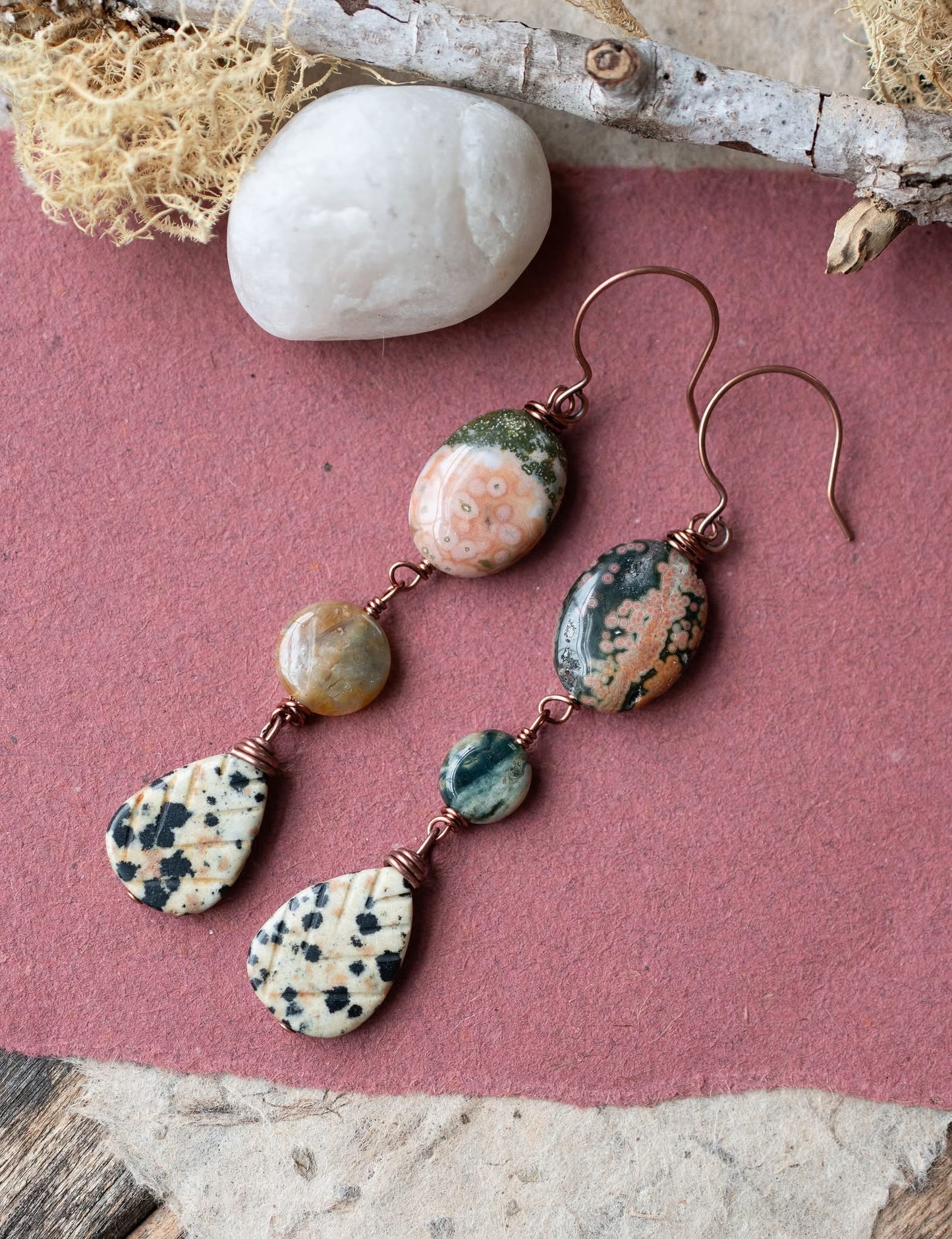 Ocean Jasper Carved Leaves Celestial Rustic Earrings