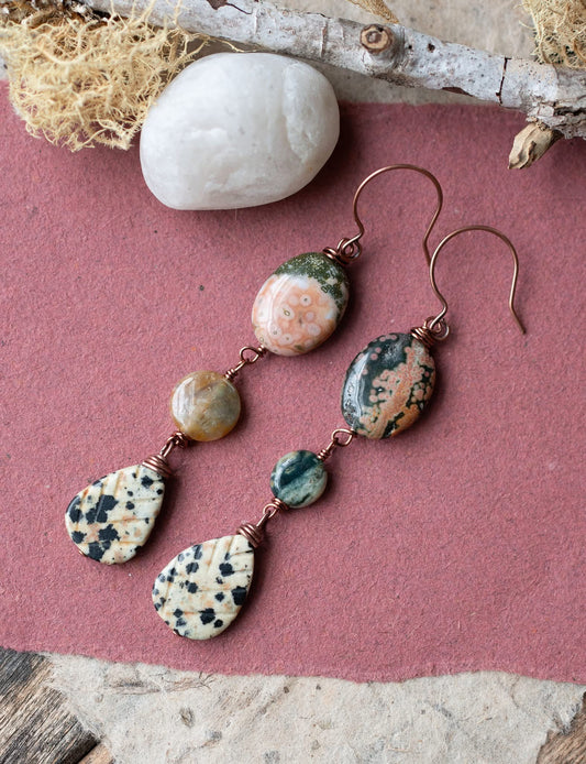 Ocean Jasper Carved Leaves Celestial Rustic Earrings