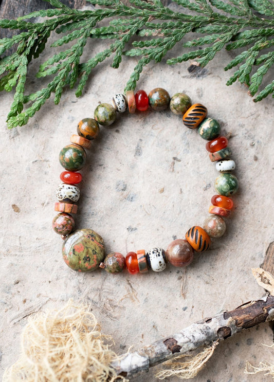 Earthy Unakite Carnelian Gemstone Bracelet