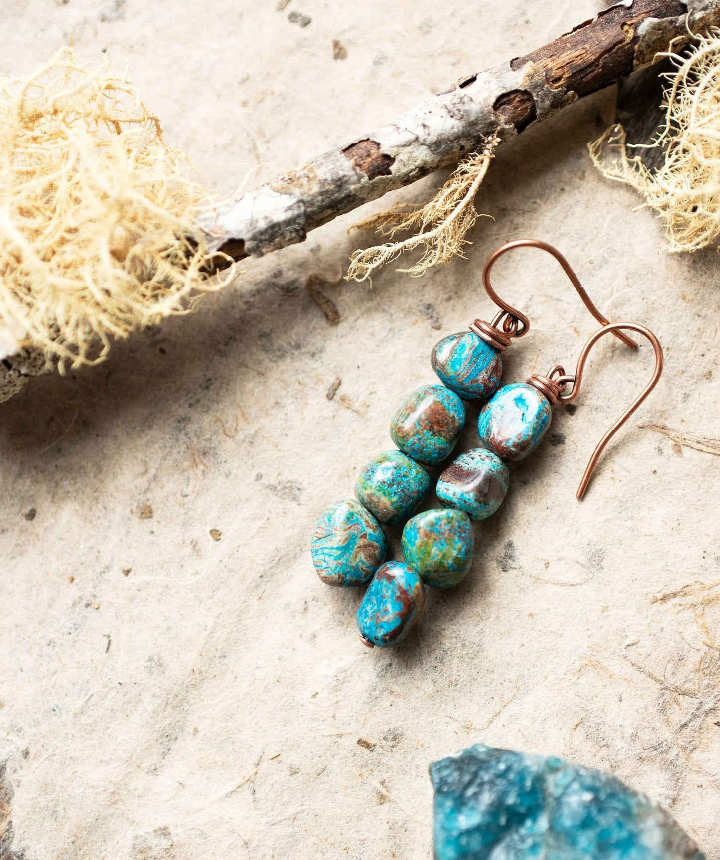 Chrysocolla Teal Turquoise Gemstone Pebble Earrings