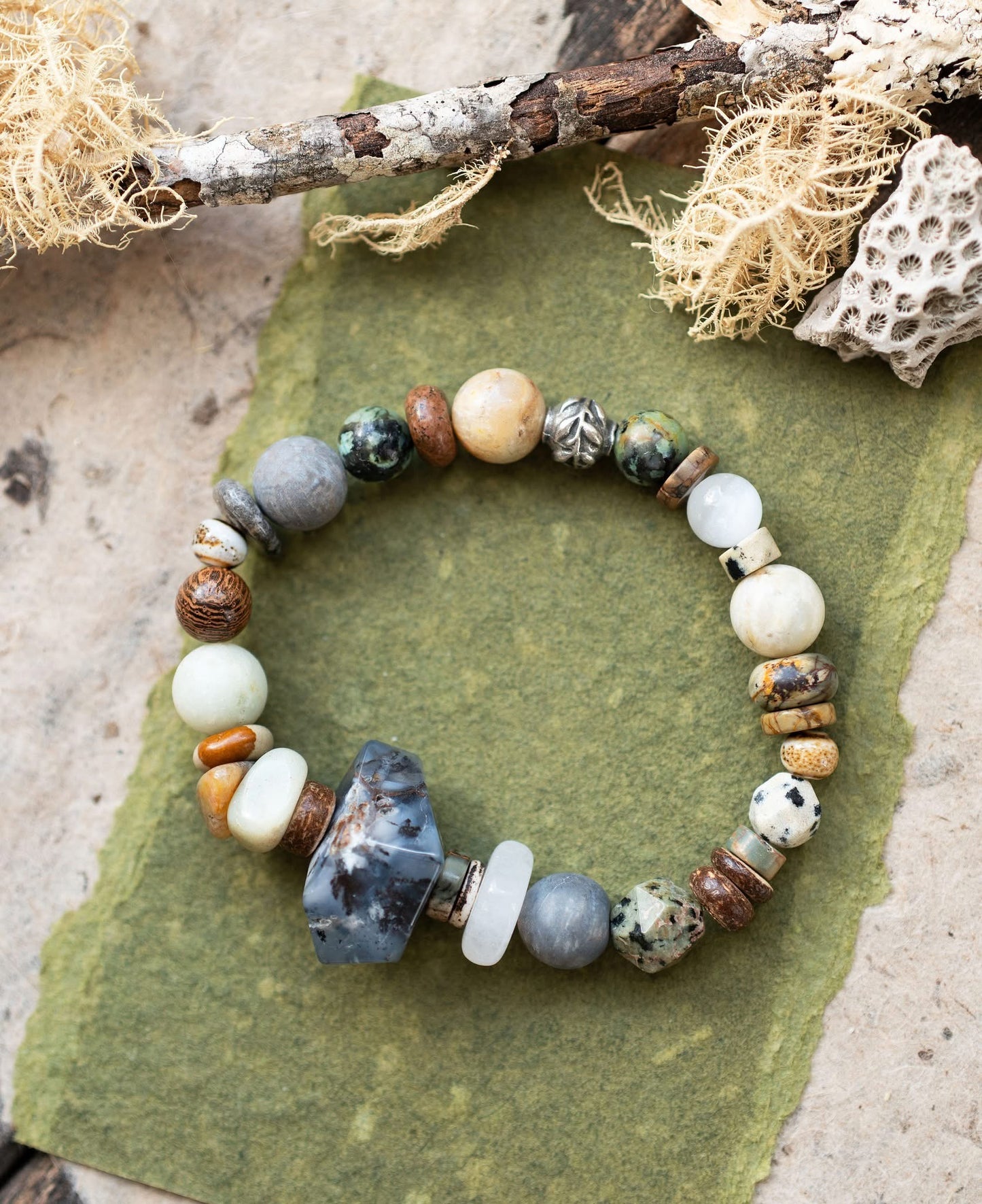 Rustic Dendrite Opal Gemstone Beaded Stretch Bracelet