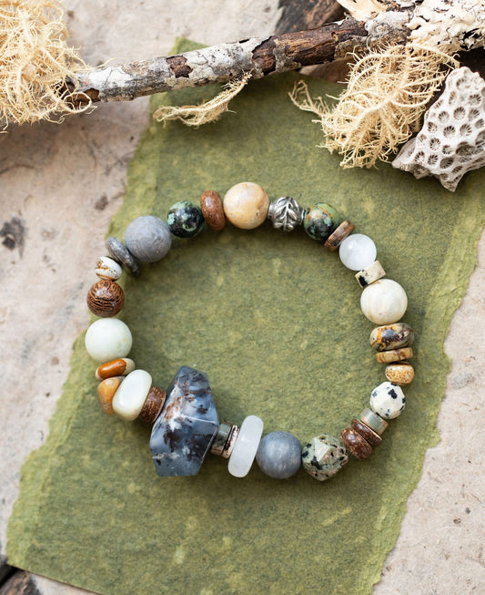 Rustic Dendrite Opal Gemstone Beaded Stretch Bracelet