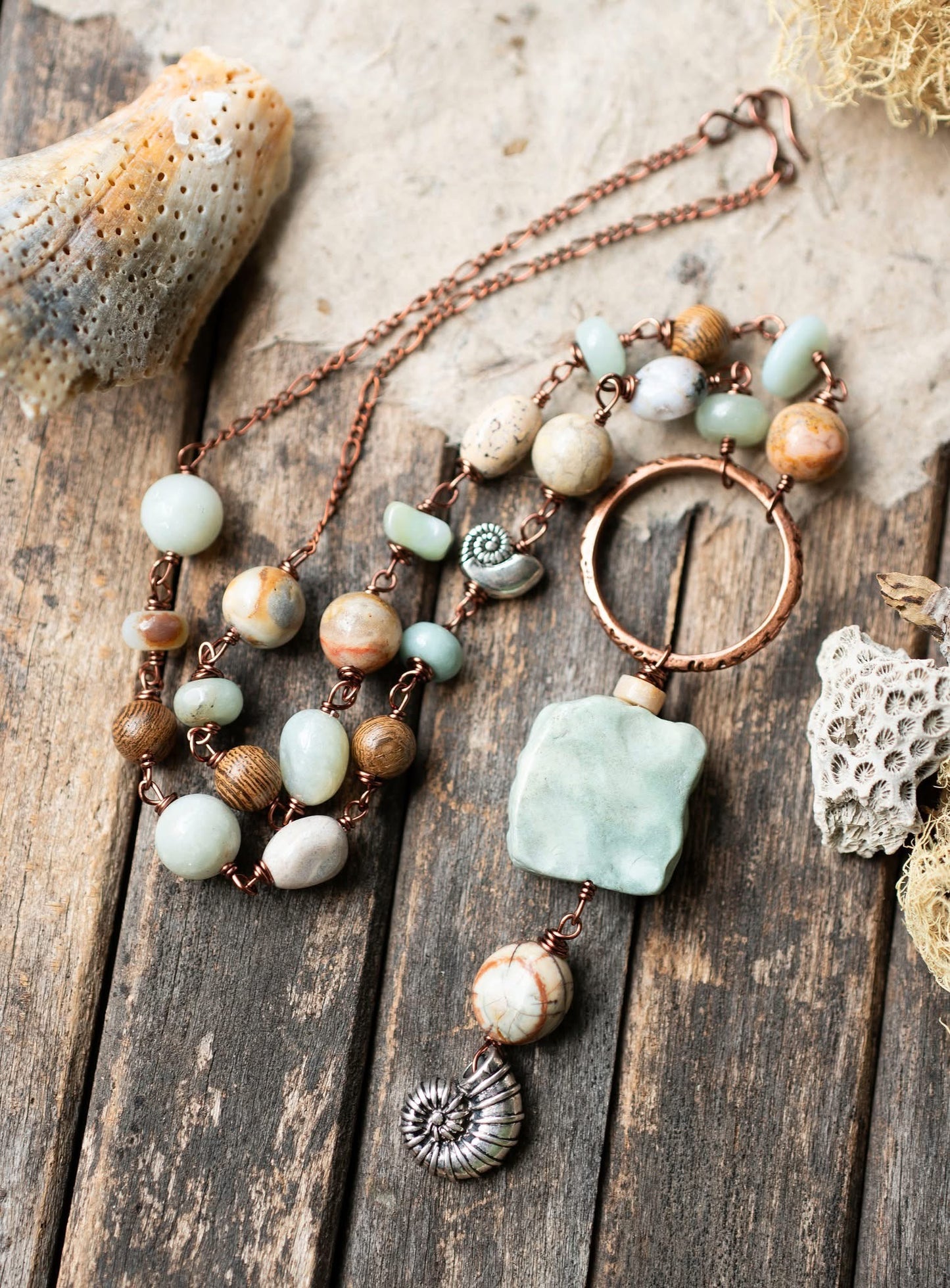 Beach Inspired Spiral Shell Gemstone Necklace