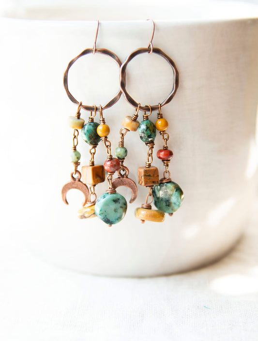 African Turquoise Autumn Moon Dangle Earrings