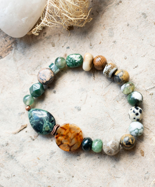 Agate Kambaba Jasper Green Earthy Gemstone Stretch Bracelet