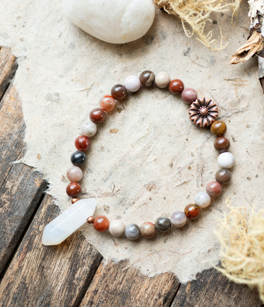 Crystal Agate Petrified Wood Earthy Gemstone Stretch Bracelet