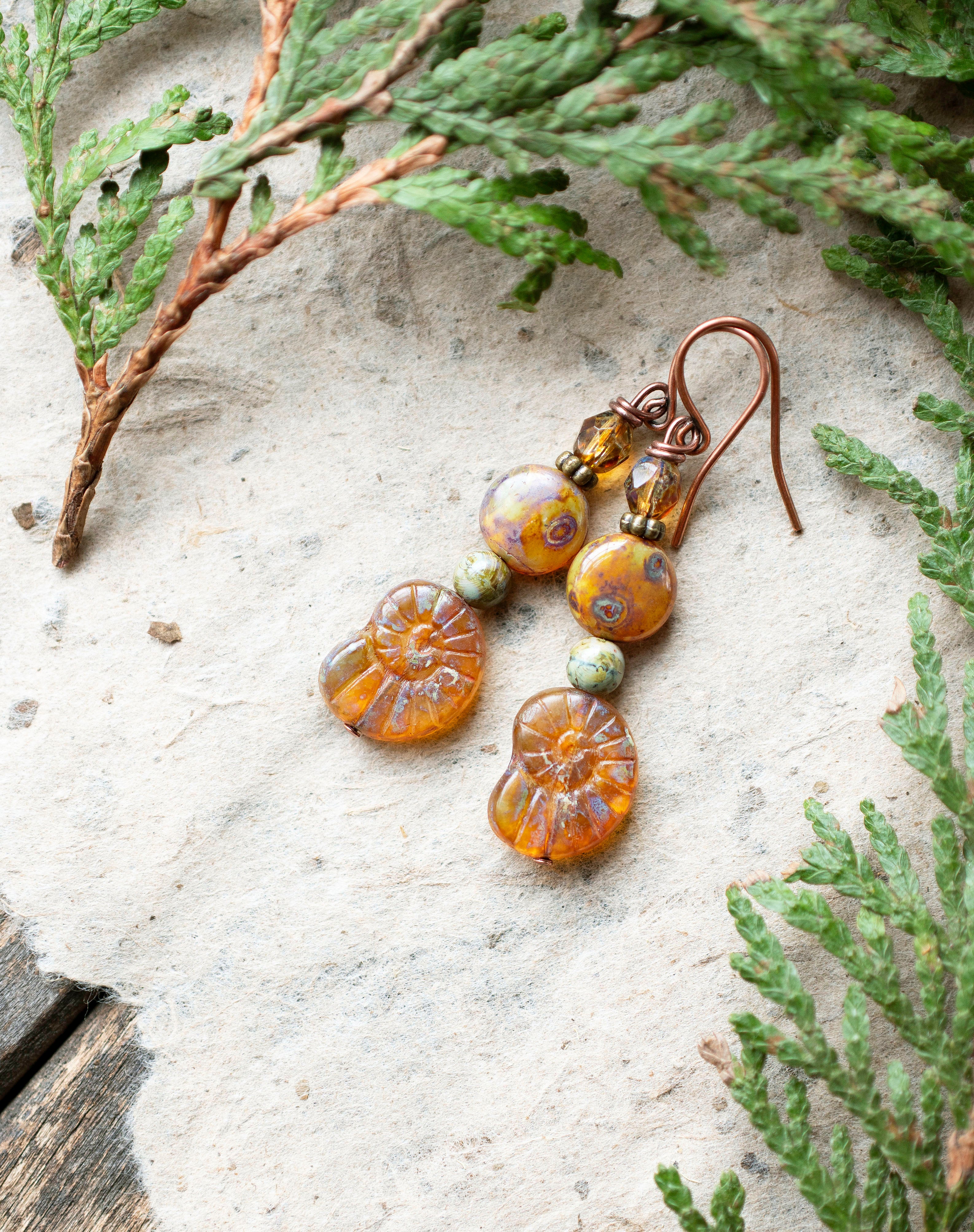 Ammonite Earthy Czech Glass Earrings – In Her Summer Dress Jewelry