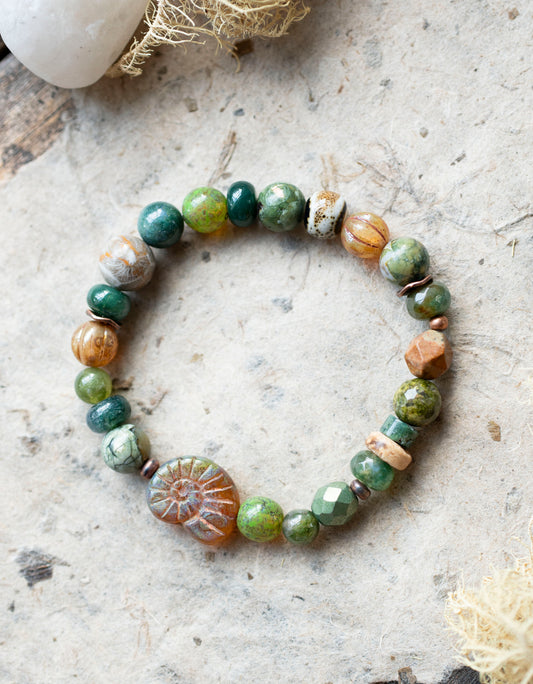 Ammonite Green Garden Fossil Gemstone Stretch Bracelet