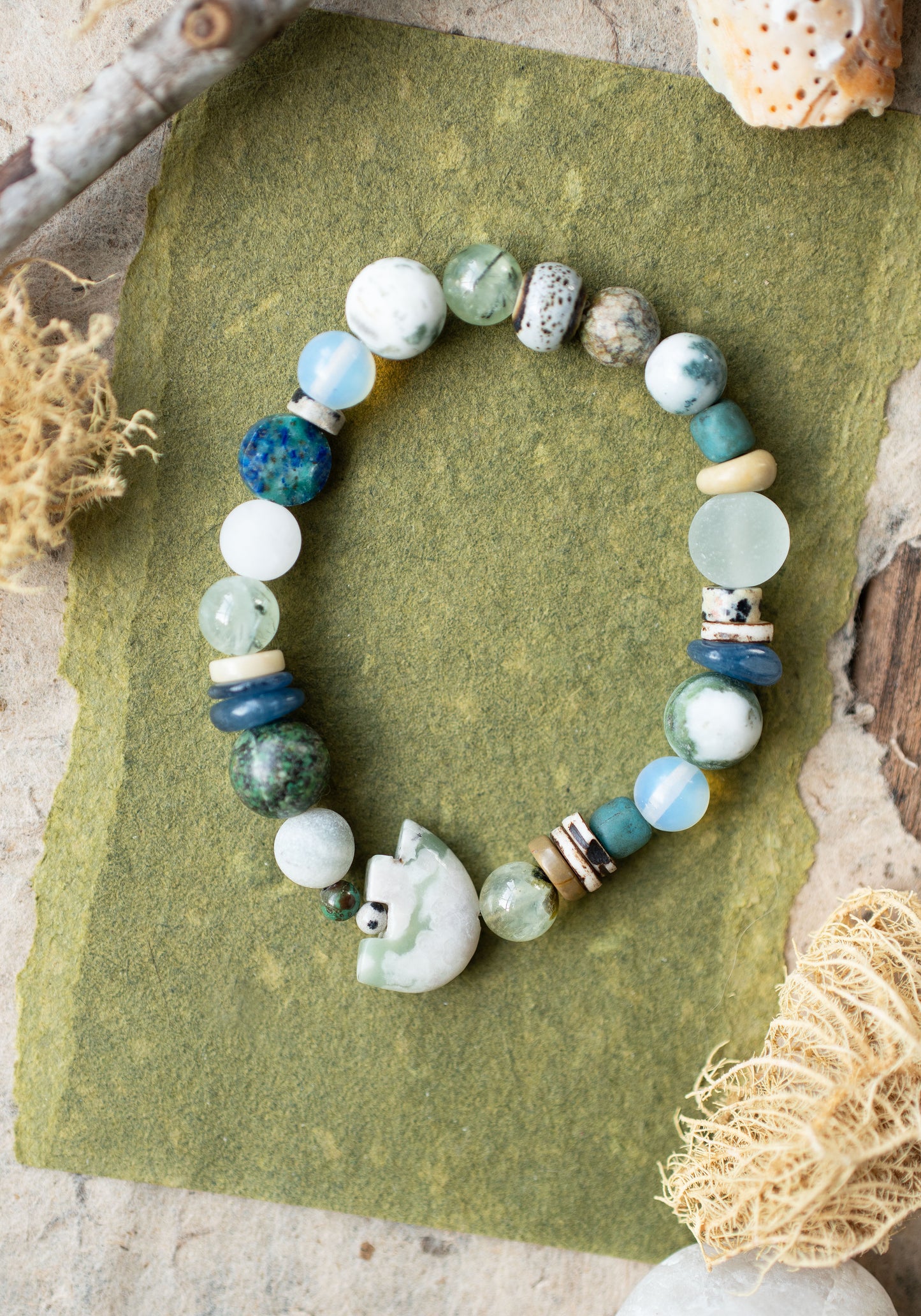 Bear Peace Jade Sea Glass Gemstone Stretch Bracelet