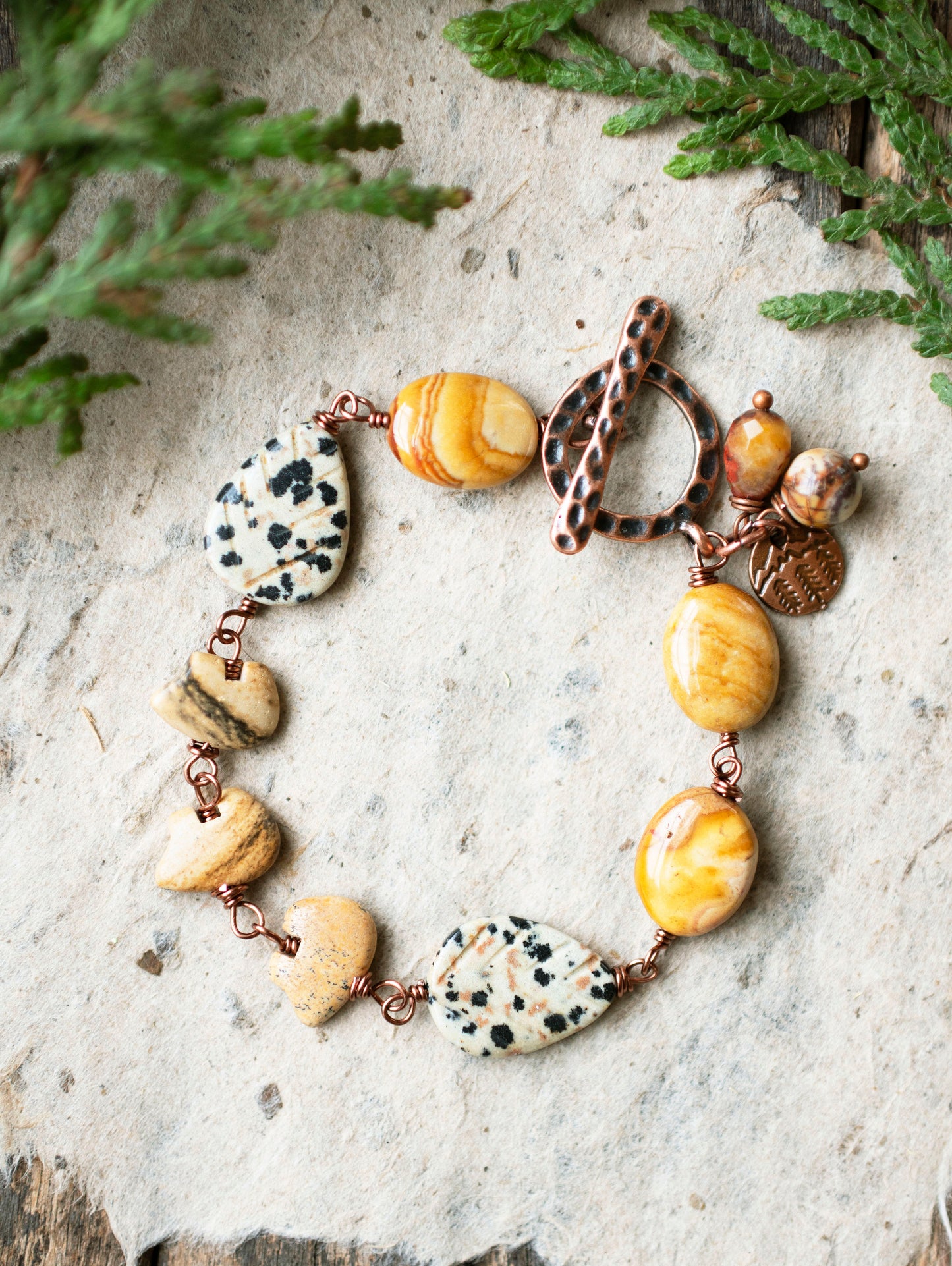 Copper Bear Bracelet with Dalmatian Jasper Leaves Yellow Jasper