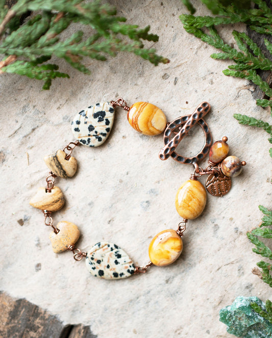 Copper Bear Bracelet with Dalmatian Jasper Leaves Yellow Jasper
