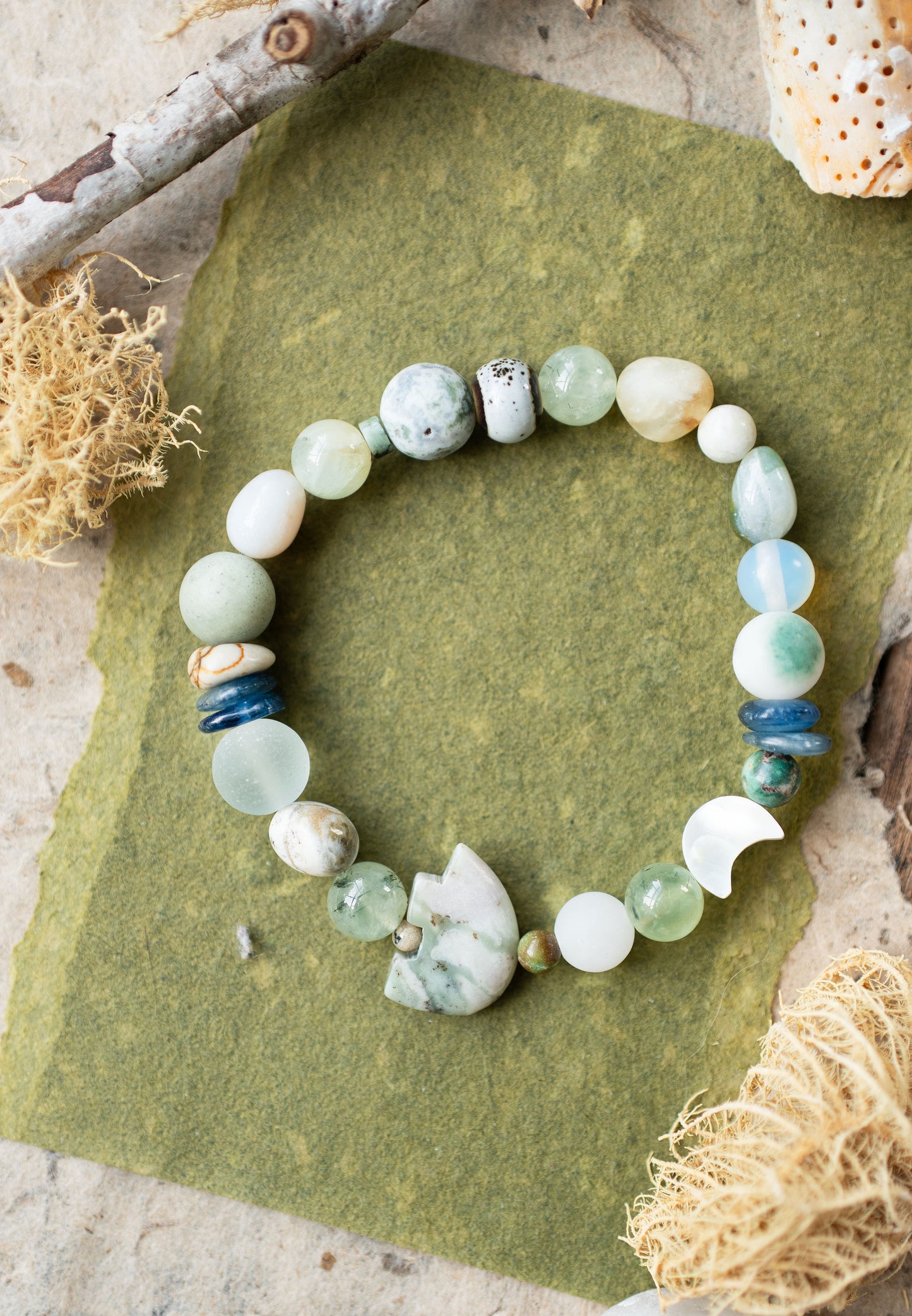 Bear Peace Jade Moon Guardian Gemstone Stretch Bracelet