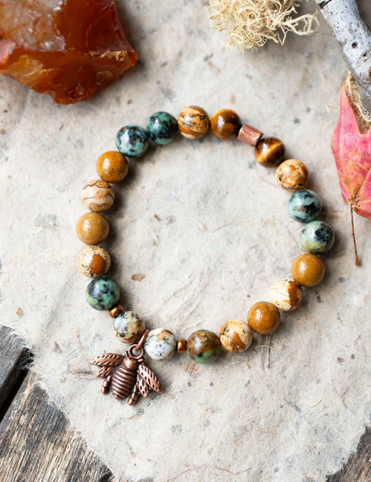 Copper Bee African Turquoise Jasper Gemstone Stretch Bracelet